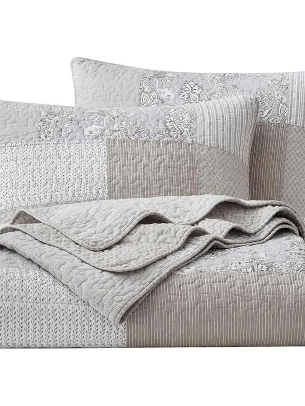 Luxury Neutral Patchwork Queen 3 piece Quilt Set - Gray/Taupe 100% cotton